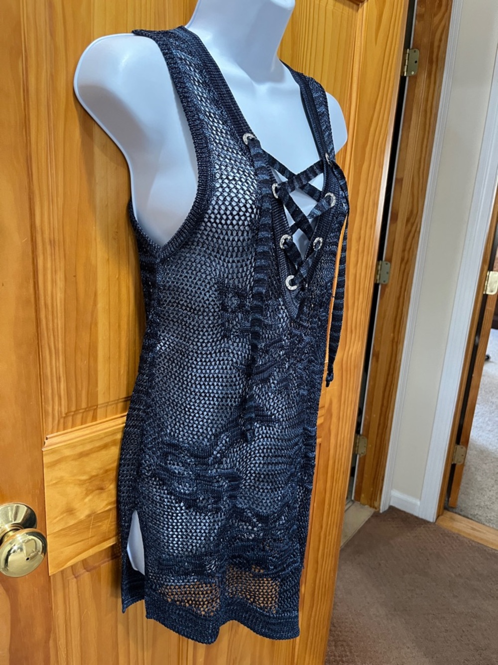 INC International Concepts Blue Crochet Lace-Up Beach Cover-Up/Top - Picture 3 of 10